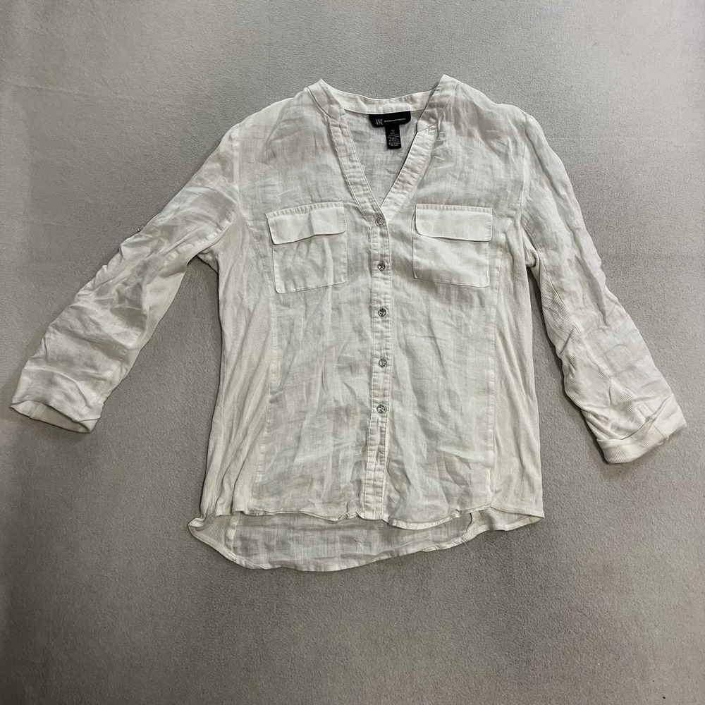 Inc International Concepts Long Sleeve Button-up Linen Top Womens Size 12 V-Neck